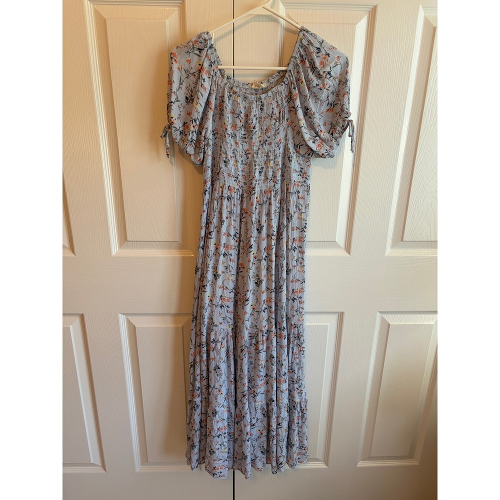 Lovely Melody Floral Smocked Maxi Dress Blue Puff Sleeve LMD5461 Size M